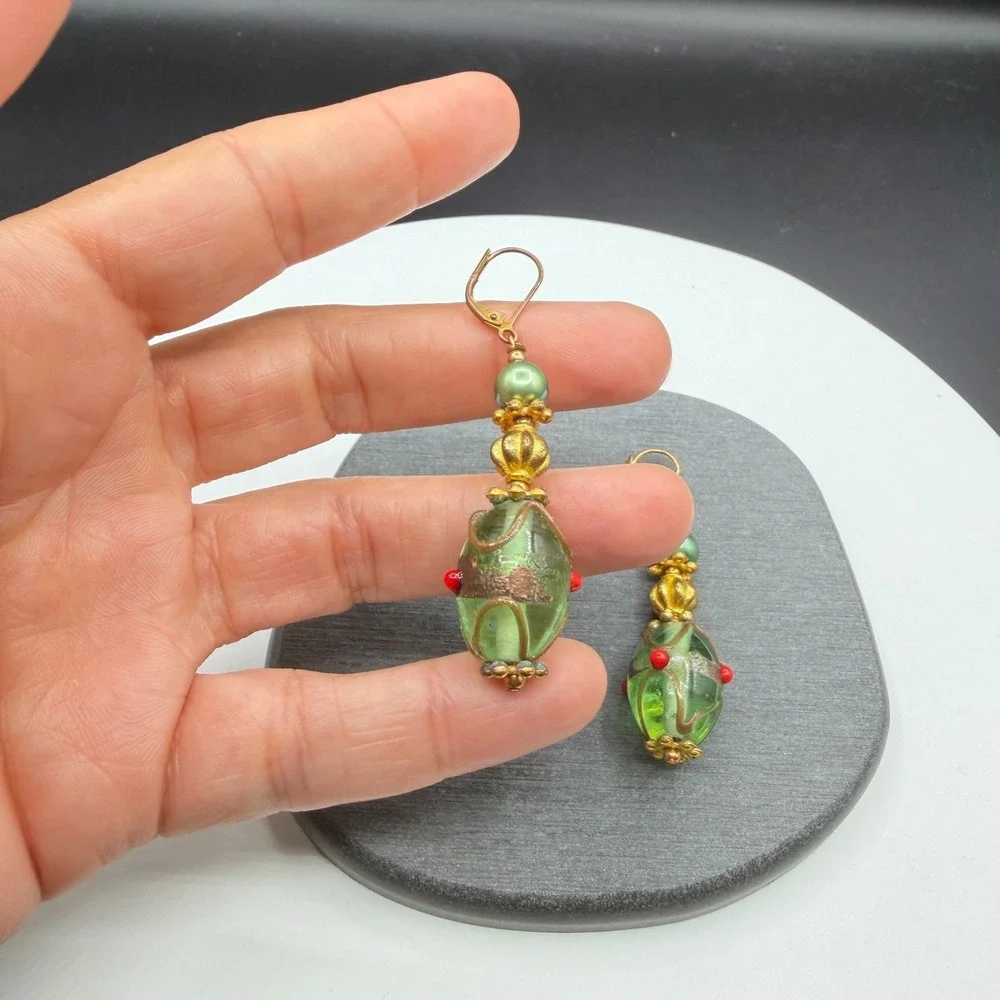 Green Lampwork Glass Bead Dangle Earrings Gold Tone Leverback Statement Boho